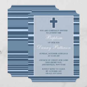 Blue Stripe Modern Cross First Holy Communion Invitation
