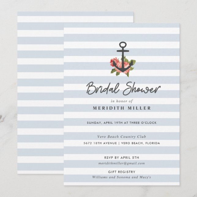 Blue Stripe Nautical Anchor Bridal Shower Party Invitation (Front/Back)