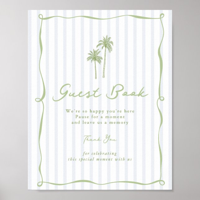 Blue Stripe Palm Tree Reception Guest Book Sign (Front)
