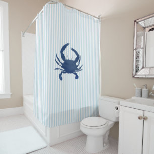 Blue Stripe Pattern Crab Coastal Shower Curtain