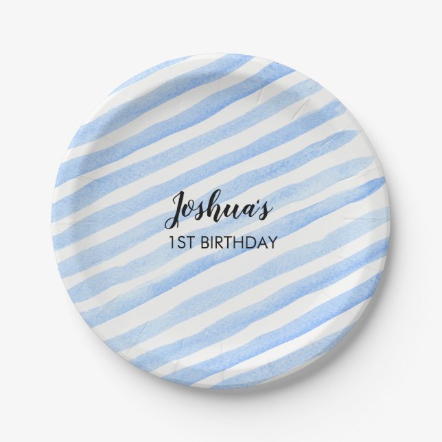 Blue stripe personalized party plates (Front)