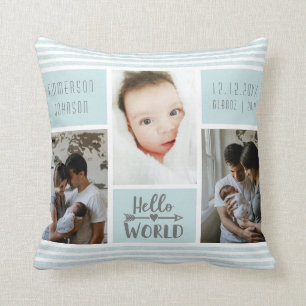 Blue Stripe Photo Collage Baby Boy Birth Stats Throw Pillow