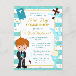 Blue Stripe Red Hair Boy First Holy Communion Postcard