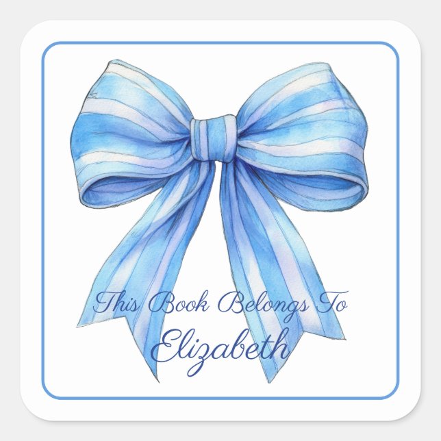 Blue Stripe Watercolor Bow Personalized Bookplate Square Sticker (Front)