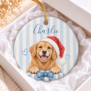 Blue Stripe Watercolor Golden Retriever Christmas Ceramic Ornament