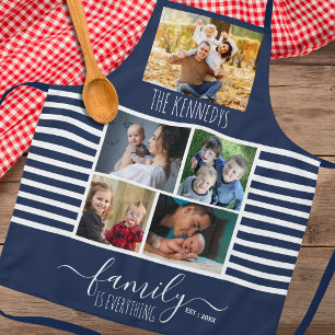 Blue Striped 5 Photo Collage Quote Family Name Apron