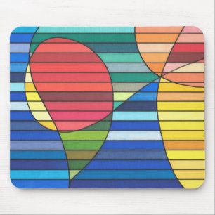 Blue Striped Abstract with Red and Yellow Shapes Mouse Pad