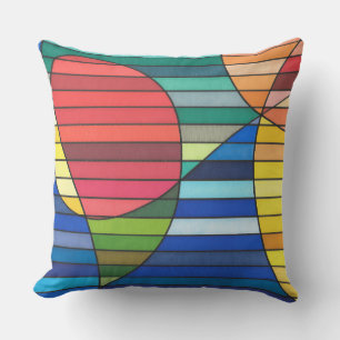 Blue Striped Abstract with Red and Yellow Shapes Throw Pillow