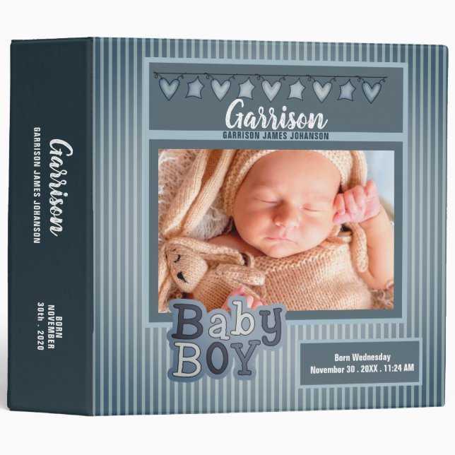 Blue Striped Baby Boys Photo Scrapbook Binder (Front/Spine)