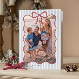 Blue Striped Bow Border Merry Christmas Photo Holiday Card