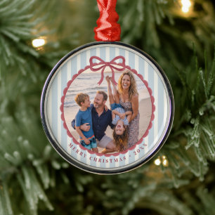 Blue Striped Bow Christmas Photo Metal Ornament