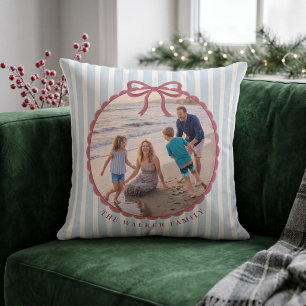 Blue Striped Bow Family Photo Throw Pillow