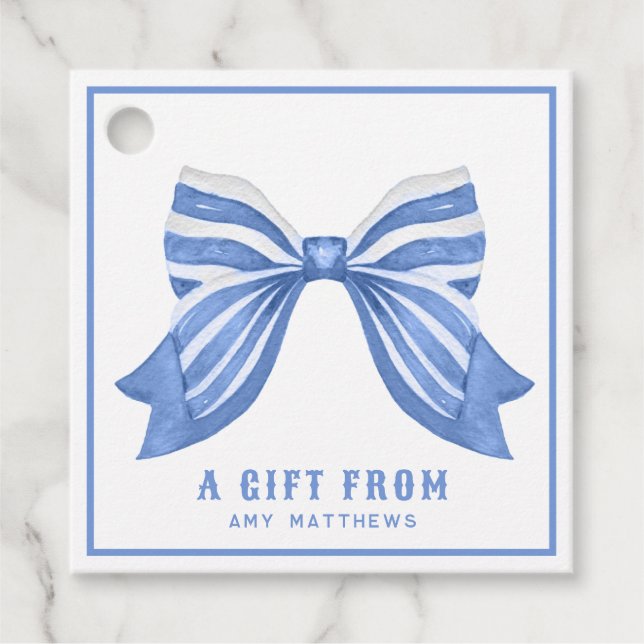 Blue Striped Bow Personalized Favour Tags (Front)