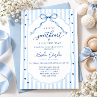 Blue Striped Bow Sweetheart Boy Baby Shower Invitation