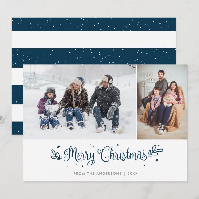 Blue Striped Calligraphy Christmas Photo Cards (Front/Back)