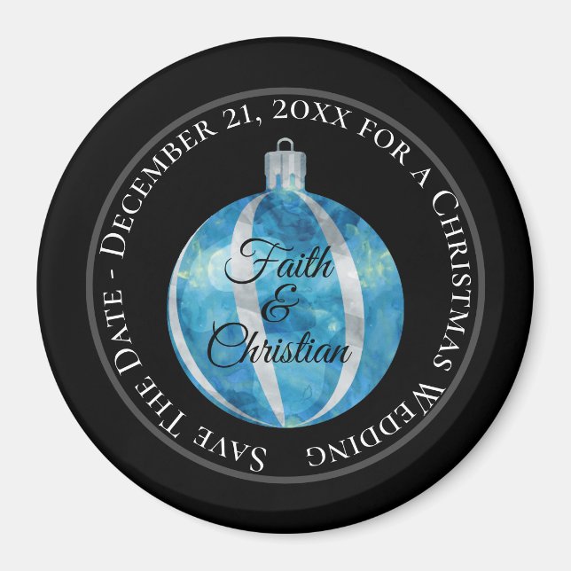 Blue Striped Christmas Ornament/Save the Date Magnet (Front)