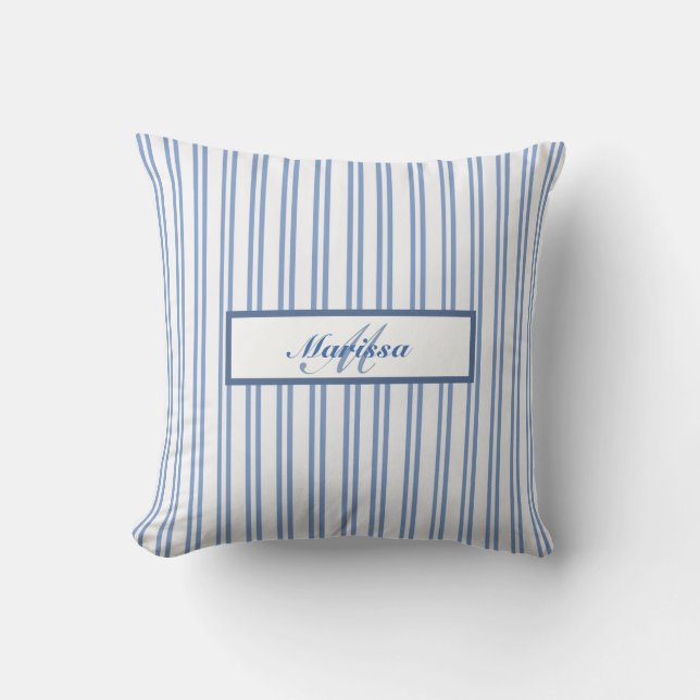 Blue Striped Country Farmhouse Ticking Throw Pillow (Front)