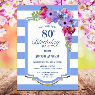 Blue Striped Floral 80th Birthday Party Invitation