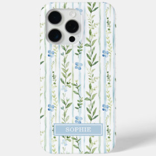 Blue Striped Floral Personalized iPhone 15 Pro Max Case