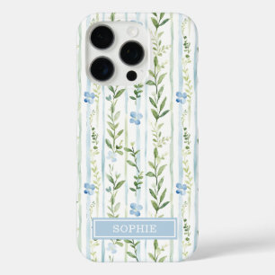 Blue Striped Floral Personalized iPhone 16 Pro Case