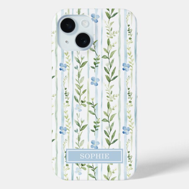 Blue Striped Floral Personalized Case-Mate iPhone Case (Back)