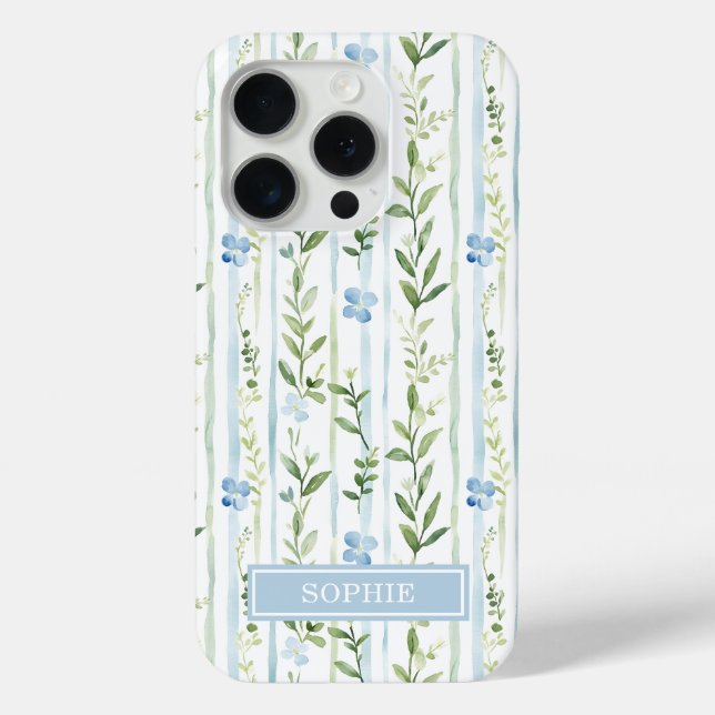 Blue Striped Floral Personalized Case-Mate iPhone Case (Back)