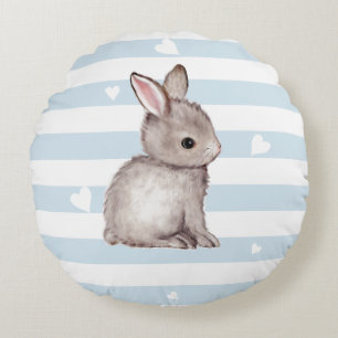 Blue Striped Grey Bunny Round Pillow