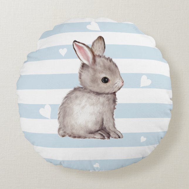 Blue Striped Grey Bunny Round Pillow (Front)