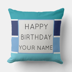 Blue Striped Happy Birthday Throw Pillow