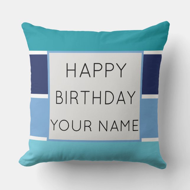 Blue Striped Happy Birthday Throw Pillow (Front)