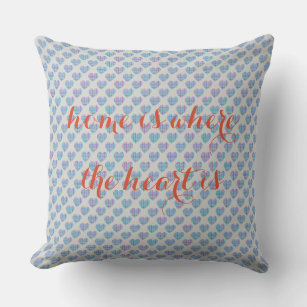 Blue striped hearts on pebble grey throw pillow