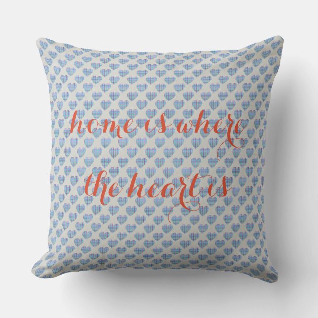 Blue striped hearts on pebble grey throw pillow (Front)