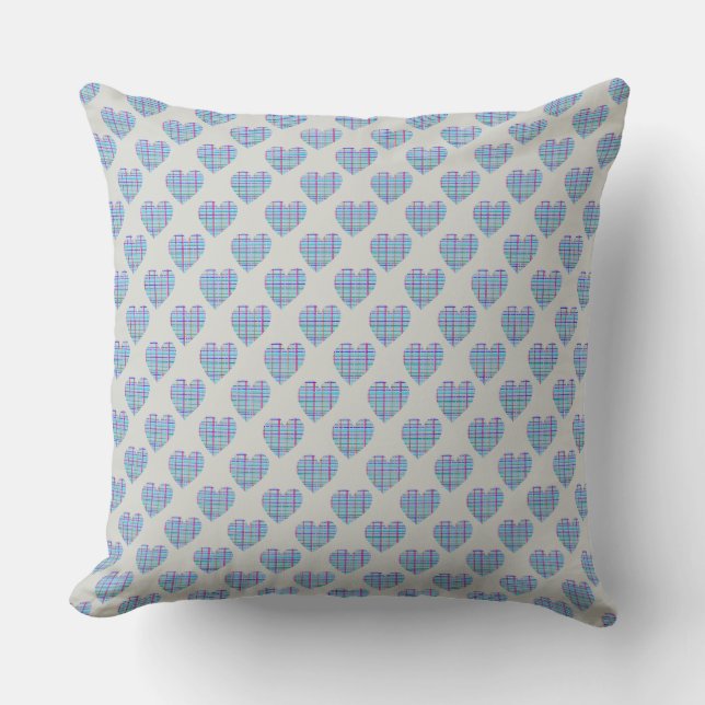 Blue striped hearts on pebble grey throw pillow (Front)