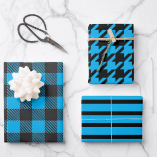 Blue Striped Houndstooth Buffalo Plaid Wrapping Paper Sheet