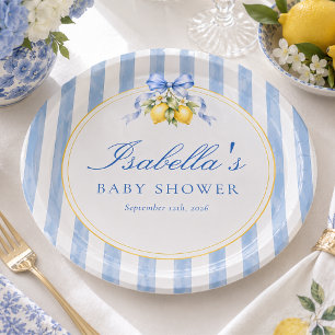 Blue Striped Lemon and Bow Amalfi Baby Shower Paper Plate
