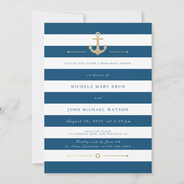 Blue Striped Nautical Rehearsal Dinner Invite (Front)