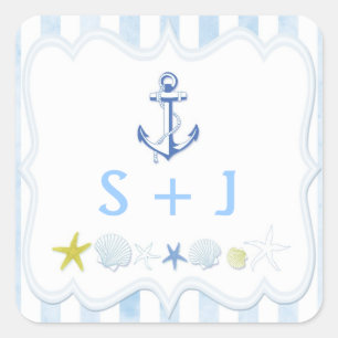 Blue Striped Nautical Wedding Favour Square Sticker