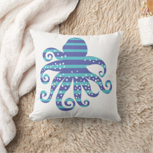 Blue Striped Octopus Throw Pillow