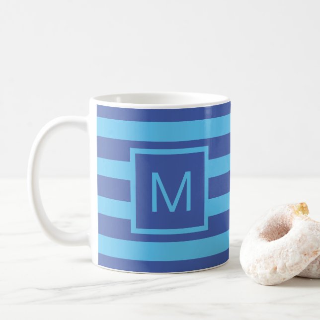 Blue Striped (or Custom Colours) Square Monogram Coffee Mug (With Donut)