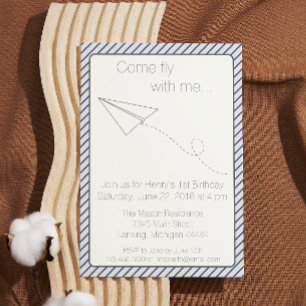 Blue Striped Paper Airplane Birthday Invite