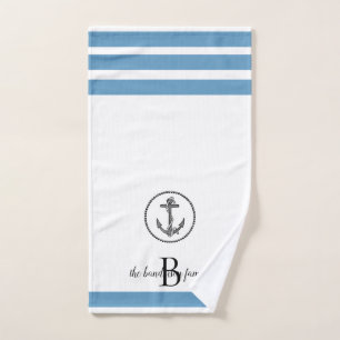 Blue Striped Personalized Black Circled Anchor Hand Towel