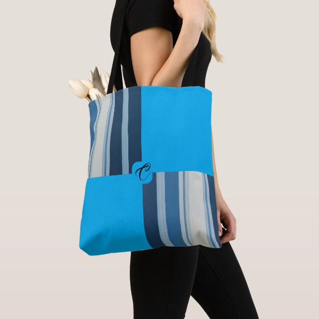 Blue striped personalized  tote bag (Close Up)