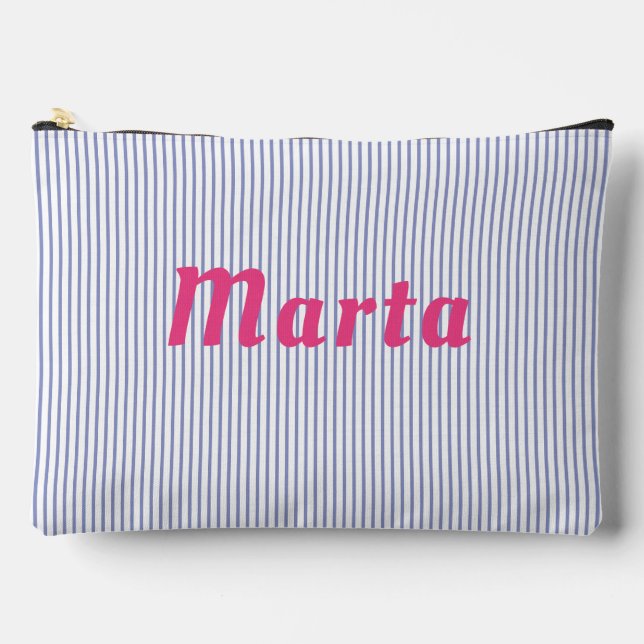 Blue striped, pink letters accessory pouch. pouch (Front)