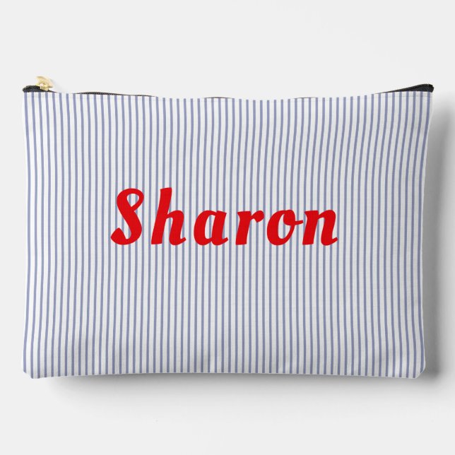 Blue striped, red letters accessory pouch. accessory pouch (Front)