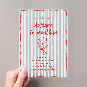 Blue Striped Red Lobster Wedding Acrylic Invitations