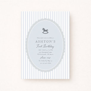 Blue Striped Rocking Horse First Birthday Invitati Invitation