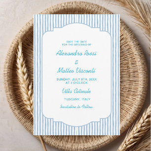 Blue Striped Save The Date Elegant Script Wedding Invitation