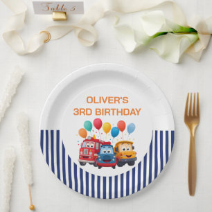 Blue Striped Truck Birthday Theme Paper Plate