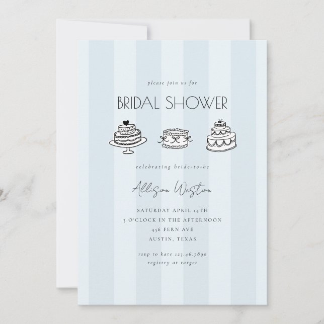 Blue Striped Vintage Cake Bridal Shower Invitation (Front)