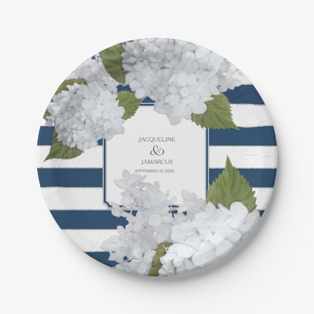Blue Striped White Hydrangea Floral Wreath Paper Plate (Front)